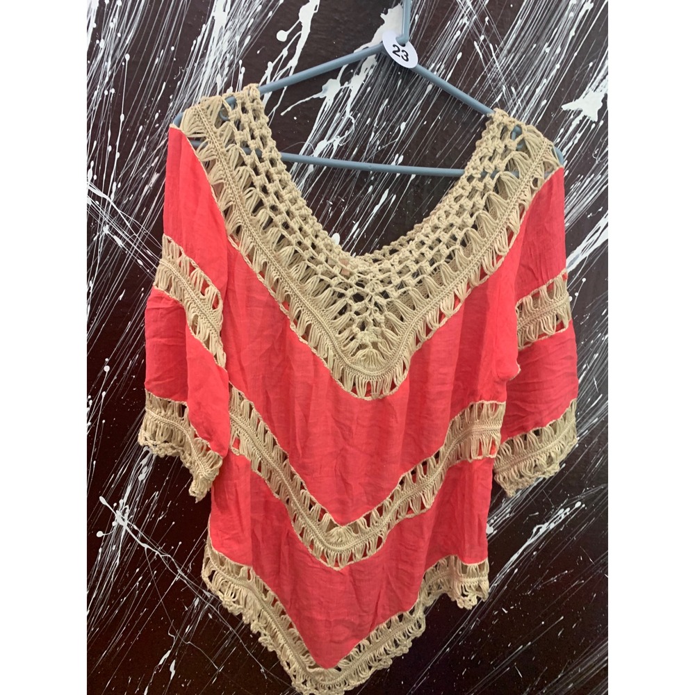 Miracle Coral Pink Crochet Trim Chevron Top Boho V-Neck Blouse M/L